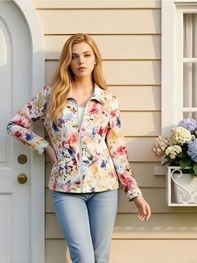 Christopher & Banks Women's Floral Jean Jacket Blazer Size Medium